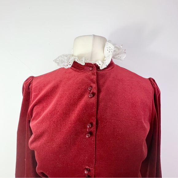 Vintage 70s/80s Jaeger Rust Red Cord Button Down Dress Lace Collar & Cuffs UK 10 - Picture 2 of 9